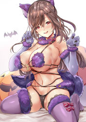 Rule 34 | 1girl, animal ears, bare shoulders, black panties, blush, bow, breasts, brown hair, claw pose, claws, cleavage, cosplay, elbow gloves, fate/grand order, fate (series), fur-trimmed gloves, fur-trimmed legwear, fur collar, fur trim, gloves, highres, himuro shunsuke, idolmaster, idolmaster shiny colors, jack-o&#039;-lantern, lace, lace-trimmed legwear, lace trim, large breasts, long hair, looking at viewer, mash kyrielight, mash kyrielight (dangerous beast), mash kyrielight (dangerous beast) (cosplay), navel, o-ring, official alternate costume, open mouth, panties, pink bow, pink eyes, pumpkin, purple gloves, purple thighhighs, revealing clothes, smile, solo, swept bangs, tail, thighhighs, thighs, tsukioka kogane, underwear, wolf ears, wolf girl, wolf tail