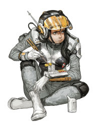 Rule 34 | 1girl, bento, black hair, bodysuit, boots, breasts, chopsticks, closed mouth, commentary, commentary request, eating, english commentary, eyewear on head, food, food on face, full body, gloves, grey bodysuit, grey eyes, grey headwear, hair between eyes, helmet, highres, holding, holding chopsticks, knee pads, korean commentary, lips, long sleeves, looking away, original, partial commentary, pilot suit, rice, rice on face, simple background, sitting, solo, tahra, visor, visor lift, white background, white footwear, white gloves