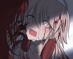 Rule 34 | 2boys, androgynous, bad end, blood, blood in hair, blood on face, blood on hands, crying, crying with eyes open, dramatical murder, grey eyes, hair between eyes, koujaku, long hair, looking at another, male focus, meremero, multiple boys, open mouth, out of frame, red hair, sad, seragaki aoba, tears, upper body, white hair