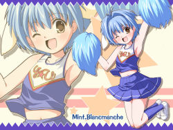 Rule 34 | 00s, 1girl, animal ears, blue hair, blue skirt, character name, cheerleader, galaxy angel, jumping, mint blancmanche, navel, non-web source, one eye closed, pom pom (cheerleading), short hair, skirt, solo, wink, yellow eyes, zoom layer