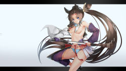 Rule 34 | 1girl, armor, asymmetrical sleeves, black hair, blue background, blue eyes, blue panties, breast curtains, breasts, detached sleeves, drawing sword, fate/grand order, fate (series), feather hair ornament, feathers, gloves, hair ornament, highres, holding, holding sheath, holding sword, holding weapon, japanese armor, katana, kusazuri, letterboxed, long hair, medium breasts, mismatched sleeves, panties, parted bangs, pom pom (clothes), purple gloves, revealing clothes, scabbard, sheath, side ponytail, single glove, solo, standing, standing on one leg, sword, tsukise miwa, underwear, unsheathing, ushiwakamaru (fate), very long hair, weapon