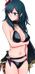 Rule 34 | 1girl, bad id, bad pixiv id, bare arms, bare shoulders, bikini, black bikini, blue eyes, blue hair, breasts, byleth (female) (fire emblem), byleth (female) (summer) (fire emblem), byleth (fire emblem), commentary request, cowboy shot, dagger, fire emblem, fire emblem: three houses, fire emblem heroes, flower, groin, hair between eyes, hair flower, hair ornament, hattori (omegamega1001), knife, large breasts, long hair, looking to the side, navel, nintendo, official alternate costume, partial commentary, red flower, sheath, sheathed, simple background, solo, standing, stomach, swimsuit, weapon, white background