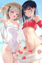Rule 34 | 2girls, :p, arm up, armpits, bare arms, bare legs, bare shoulders, bikini, black hair, blunt bangs, blush, bottomless, bow, breasts, brown headwear, candy, casual one-piece swimsuit, closed mouth, collarbone, convenient censoring, covered navel, cowboy shot, detached sleeves, food, food-themed hair ornament, frilled swimsuit, frills, groin, hair ornament, hairclip, hand on headwear, hat, highres, holding, holding food, ichigo-chan (mignon), innertube, kouhai-chan (mignon), licking, lollipop, long hair, looking at viewer, medium hair, mignon, mouth hold, multiple girls, multiple views, navel, off-shoulder bikini, off shoulder, one-piece swimsuit, open mouth, original, polka dot, polka dot bikini, purple eyes, red bikini, red eyes, shiny skin, short sleeves, silver hair, skindentation, small breasts, smile, standing, strapless, strapless one-piece swimsuit, strawberry hair ornament, sun hat, swim ring, swimsuit, thigh gap, thigh strap, tongue, tongue out, twintails, wet, white bow, white one-piece swimsuit