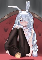 Rule 34 | + +, 1girl, absurdres, ahoge, animal ear fluff, animal ears, ass, azur lane, black pantyhose, blue eyes, blush, braid, chinese commentary, closed mouth, commentary request, fake animal ears, hair over one eye, hands on own ass, highres, kuaile hei zi, le malin (azur lane), le malin (listless lapin) (azur lane), leotard, long hair, low twin braids, manjuu (azur lane), pantyhose, rabbit ears, silver hair, swept bangs, thighs, twin braids, very long hair, white leotard, wrist cuffs