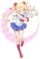 Rule 34 | 1girl, \n/, bishoujo senshi sailor moon, blonde hair, blue sailor collar, blue skirt, blush, boots, bow, commentary, cosplay, crescent, double bun, elbow gloves, full body, gloves, green eyes, grin, hair ornament, heart, heart hair ornament, highres, himesaka noa, jigatei (omijin), knee boots, long hair, one eye closed, pleated skirt, puffy short sleeves, puffy sleeves, red bow, red footwear, sailor collar, sailor moon, sailor moon (cosplay), sailor senshi uniform, shirt, short sleeves, skirt, smile, solo, standing, standing on one leg, symbol-only commentary, translation request, twintails, very long hair, w, watashi ni tenshi ga maiorita!, white background, white gloves, white shirt