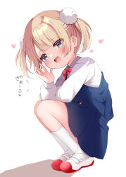 Rule 34 | 1girl, absurdres, aged down, belt, blonde hair, blue dress, blue eyes, blush, commentary, dress, from side, hair ornament, hand to own mouth, heart, highres, indie virtual youtuber, kiyo (yamazoe1122), looking at viewer, open mouth, pinafore dress, pleated dress, pom pom (clothes), pom pom hair ornament, school uniform, shigure ui (vtuber), shigure ui (vtuber) (young), shirt, shoes, short hair, shukusei!! loli-gami requiem, sleeveless, sleeveless dress, smile, socks, solo, squatting, translated, twintails, virtual youtuber, white footwear, white shirt, white socks
