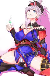 Rule 34 | 1girl, 3:, :t, absurdres, ao (time-leap), arm support, bare shoulders, black footwear, blue eyes, blue kimono, breasts, cleavage, closed mouth, collarbone, comiket 93, commentary request, covered erect nipples, dango, earrings, fate/grand order, fate (series), fingernails, food, frilled sash, gold trim, hand up, high heels, highres, holding, japanese clothes, jewelry, kimono, large breasts, looking at viewer, magatama, miyamoto musashi (fate), miyamoto musashi (second ascension) (fate), obi, off shoulder, panties, pantyshot, reclining, sash, shoe soles, sitting, solo, underwear, wagashi, white panties