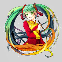Rule 34 | 1girl, absurdres, china dress, chinese clothes, dated, dress, gradient hair, green eyes, green hair, hatsune miku, highres, multicolored hair, orange hair, paintbrush, scarlet moon, signature, solo, twintails, upper body, vocaloid