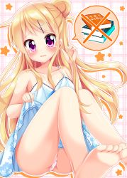 Rule 34 | 1girl, bare arms, bare legs, bare shoulders, barefoot, blonde hair, blue dress, blue ribbon, blush, breasts, cherry panties, cherry print, cleavage, clothes lift, collarbone, commentary request, dress, dress lift, feet, floral print, food print, hair bun, hair ornament, hairclip, head tilt, highres, homework, kin-iro mosaic, kujou karen, long hair, looking at viewer, medium breasts, minato ojitan, panties, pantyshot, parted lips, pink panties, plaid, plaid background, print dress, print panties, purple eyes, ribbon, side bun, sidelocks, single hair bun, single side bun, sitting, soles, solo, spoken object, star (symbol), sundress, tears, toes, underwear, wavy mouth, x hair ornament