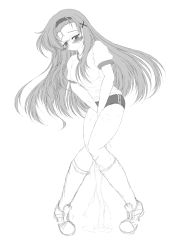 Rule 34 | 1girl, between legs, blush, breasts, buruma, embarrassed, female focus, full body, glasses, greyscale, gym uniform, hair ornament, half-closed eyes, hand between legs, have to pee, headband, highres, kishima tower, kneehighs, knees together feet apart, long hair, medium breasts, monochrome, original, own hands together, peeing, peeing self, pigeon-toed, shirt, shoes, short sleeves, simple background, sketch, socks, solo, standing, steam, trembling, v arms, white background, x hair ornament