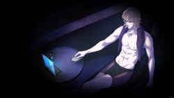 Rule 34 | 10s, 1boy, bad id, bad pixiv id, barnaby brooks jr., blonde hair, computer, controller, escape080, eyelashes, glasses, highres, male focus, muscular, nipples, no eyewear, photo (object), remote control, topless male, shorts, solo, tiger &amp; bunny