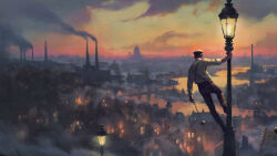 Rule 34 | 1boy, absurdres, brown footwear, brown pants, city, city lights, cityscape, highres, lamppost, official art, outdoors, pants, shirt, shoes, smoke, smokestack, solo, sunset, suspenders, victoria 3, white shirt