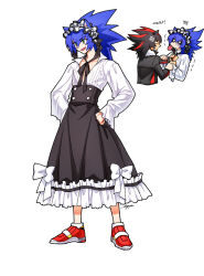 Rule 34 | 2boys, alternate costume, anger vein, animal ears, black dress, black hair, blue hair, commentary request, crossdressing, dress, enmaided, full body, green eyes, hedgehog boy, highres, humanization, korean commentary, korean text, long hair, looking at another, maid, maid headdress, male focus, male maid, multiple boys, open mouth, red footwear, red hair, shadow the hedgehog, shoes, simple background, sloth g ya, smile, soap shoes, sonic (series), sonic the hedgehog, spiked hair, standing, strangling, tongue, tongue out, translation request, white background