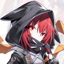 Rule 34 | 1girl, arknights, black gloves, black jacket, chinese commentary, commentary request, crownslayer (arknights), gloves, hair between eyes, head tilt, hood, hooded jacket, jacket, looking at viewer, quan (kurisu tina), red eyes, red hair, short hair, solo, upper body, zoom layer