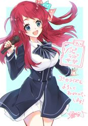 Rule 34 | 10s, 1girl, :d, absurdres, bad id, bad twitter id, blue eyes, bow, breasts, commentary request, dress, framed breasts, hair bow, highres, holding, holding microphone, large breasts, long hair, microphone, minamoto sakura, open mouth, pleated skirt, red hair, school uniform, shirt, simple background, skirt, smile, solo, soramichi megumu, translation request, white shirt, zombie land saga