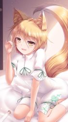 Rule 34 | 1girl, :d, animal ear fluff, animal ears, blonde hair, blush, commentary request, fox ears, fox girl, fox shadow puppet, fox tail, highres, indoors, jumpsuit, kudamaki tsukasa, looking at viewer, lzh, no shoes, open mouth, short hair, short sleeves, sitting, smile, socks, solo, tail, test tube, touhou, wariza, white socks, yellow eyes