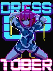Rule 34 | 1girl, ahoge, animated, animated gif, arms up, black background, english text, kneeling, looking at viewer, lynte, original, pink eyes, pink hair, pixel art, see-through, short hair, simple background, solo