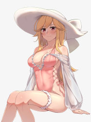 Rule 34 | 1girl, arm support, azur lane, blonde hair, breasts, bridal garter, center opening, covered navel, female focus, frilled swimsuit, frills, hat, highleg, highleg swimsuit, highres, invisible chair, large breasts, long hair, long sleeves, looking at viewer, morino (harpoomoss), official alternate costume, one-piece swimsuit, pink one-piece swimsuit, red eyes, richelieu (azur lane), richelieu (fleuron of the waves) (azur lane), simple background, sitting, solo, sun hat, swept bangs, swimsuit, very long hair, white background, white hat