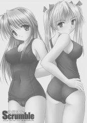 Rule 34 | 2girls, ass, back, breasts, cowboy shot, female focus, grey background, monochrome, multiple girls, standing, swimsuit, tagme