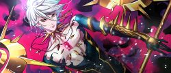 Rule 34 | 1boy, armor, black bodysuit, bodysuit, cape, closed mouth, dutch angle, earrings, fate/apocrypha, fate (series), gem, green eyes, hair between eyes, highres, jewelry, karna (fate), looking at viewer, male focus, necklace, silver hair, single earring, solo, spikes, tenobe, upper body