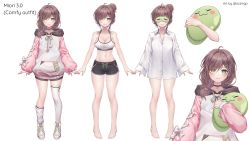 Rule 34 | black choker, black shorts, brown hair, choker, collared shirt, commentary, english commentary, gym shorts, hair bun, highres, holding, holding pillow, hood, hoodie, indie virtual youtuber, medium hair, miori celesta, miori celesta (6th costume), mogu (miori celesta), navel, no pants, official art, ozzingo, pillow, second-party source, shirt, shorts, skindentation, sleep mask, sleeves past wrists, smile, sports bra, stomach, themed object, thighhighs, twitter username, virtual youtuber, white background, white hoodie, white shirt, white sports bra, white thighhighs
