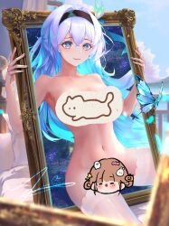 Rule 34 | 1girl, absurdres, aqua hair, black hairband, breasts, bug, butterfly, censored, censored nipples, colored inner hair, commentary request, firefly (honkai: star rail), groin, hairband, highres, holding, honkai: star rail, honkai (series), insect, large breasts, looking at viewer, multicolored hair, navel, nude, one side up, picture frame, pink lips, purple eyes, revision, sitting, smile, solo, stomach, thighhighs, thighs, white hair, white thighhighs, zuic
