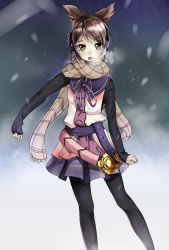 Rule 34 | 1girl, alternate costume, belt, black pantyhose, blush, breath, brown scarf, buckle, buttons, contemporary, contrapposto, earmuffs, fumi11gou, highres, long sleeves, looking at viewer, pantyhose, scarf, shirt, short hair, skirt, snow, solo, standing, touhou, toyosatomimi no miko, vest, winter