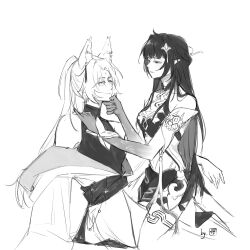 Rule 34 | 2girls, absurdres, animal ear piercing, animal ears, bare shoulders, chewinggum p, feixiao (honkai: star rail), fox ears, hair ornament, hairpin, half-closed eyes, hand on another&#039;s chin, hand on another&#039;s shoulder, high ponytail, highres, honkai: star rail, honkai (series), lingsha (honkai: star rail), long hair, looking at another, monochrome, multiple girls, pointy ears, robe, sitting, sitting on lap, sitting on person, skirt, sleeveless, turtleneck, white background, yuri