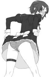 Rule 34 | 10s, 1girl, ass, blush, clothes lift, dress, dress lift, freckles, from behind, greyscale, hair ornament, hairclip, highres, lisbeth (sao), looking at viewer, monochrome, open mouth, panties, shichimenchou, simple background, solo, sword art online, tears, thigh strap, underwear, white background
