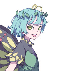 Rule 34 | 1girl, :d, absurdres, antennae, aqua hair, butterfly wings, eternity larva, eyebrows hidden by hair, from side, highres, insect wings, kame (kamepan44231), leaf, leaf on head, looking at viewer, one-hour drawing challenge, open mouth, short hair, short sleeves, simple background, smile, solo, touhou, upper body, white background, wings, yellow eyes, yellow wings