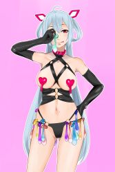 Rule 34 | 1girl, absurdres, ahoge, aqua hair, arm up, bare shoulders, black gloves, breast cutout, breastless clothes, breasts, collar, collarbone, condom, condom belt, cowboy shot, crossandra, cum, elbow gloves, eno crossandra, gloves, gluteal fold, hand on own hip, heart pasties, highres, holding, holding condom, licking lips, long hair, looking at viewer, matoi (pso2), medium breasts, mole, multiple condoms, navel, o-ring, o-ring bottom, pasties, phantasy star, phantasy star online 2, pink background, purple background, simple background, solo, standing, tassel, thong, tongue, tongue out, used condom, very long hair
