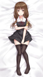 Rule 34 | 1girl, :o, absurdres, armband, bed sheet, black dress, black pantyhose, blunt bangs, blush, breasts, brown eyes, brown hair, clothes pull, collarbone, commentary, covering privates, covering crotch, dress, dress tug, from above, full body, highres, hosh, iino miko, kaguya-sama wa kokurasetai ~tensai-tachi no renai zunousen~, knees together feet apart, long hair, long sleeves, looking at viewer, low twintails, lying, medium breasts, no shoes, on back, open mouth, pantyhose, pantyhose pull, pinafore dress, red ribbon, ribbon, school uniform, shirt, short sleeves, shuuchiin academy school uniform, sleeveless dress, solo, summer uniform, twintails, white shirt