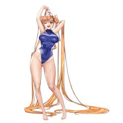 1girl absurdly_long_hair anchor_symbol arms_up barefoot breasts brown_hair cameltoe competition_swimsuit covered_erect_nipples full_body game_cg goggles green_eyes highleg highleg_one-piece_swimsuit highres last_origin long_hair looking_at_viewer medium_breasts nereid_(last_origin) official_art one-piece_swimsuit one_eye_closed orange_hair rorobomb swimsuit transparent_background twintails very_long_hair wet wet_clothes wet_swimsuit