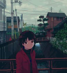 Rule 34 | 1girl, animated, animated gif, asymmetrical hair, blinking, brown hair, building, car, derivative work, expressionless, hair ornament, hairclip, iwakura lain, looking at viewer, motor vehicle, outdoors, overcast, pixel art, plant, power lines, river, serial experiments lain, short hair, sign, sky, solo, toyoi yuuta, train, tree, upper body, water