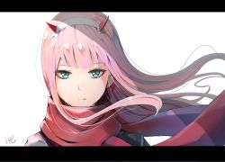 Rule 34 | 10s, 1girl, bad id, bad pixiv id, blunt bangs, closed mouth, darling in the franxx, expressionless, eyeshadow, floating hair, hairband, highres, horns, hoshizaki reita, letterboxed, long hair, looking at viewer, makeup, portrait, red scarf, scarf, signature, simple background, solo, straight hair, tsurime, upper body, white background, white hairband, wind, zero two (darling in the franxx)