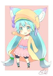 Rule 34 | 1girl, animal ear fluff, animal ears, aqua hair, belt, belt buckle, bike shorts, black shorts, blue belt, blush, brown background, brown footwear, brown hat, brown jacket, buckle, chibi, chita (ketchup), collarbone, commentary request, copyright request, dress, full body, green eyes, hair between eyes, hair ornament, hat, jacket, kneehighs, long hair, long sleeves, low-tied long hair, open clothes, open jacket, outstretched arm, parted lips, pink dress, safety pin, shoes, short eyebrows, short shorts, shorts, shorts under dress, signature, sleeves past wrists, smile, socks, solo, standing, striped clothes, striped socks, thick eyebrows, two-tone background, white background