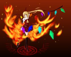 Rule 34 | 1girl, blonde hair, female focus, fiery wings, fire, flandre scarlet, gmot, highres, magic circle, red eyes, side ponytail, solo, sword, embodiment of scarlet devil, touhou, weapon, wings