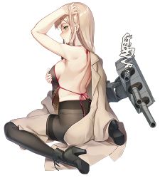 Rule 34 | 1girl, arm up, ass, black pantyhose, blush, boots, breasts, from side, full body, green eyes, light brown hair, long hair, lowres, missouri (warship girls r), mouth hold, off shoulder, official art, panties, panties under pantyhose, pantyhose, profile, shoulder blades, sideboob, sitting, solo, string panties, thighband pantyhose, torn clothes, torn pantyhose, transparent background, turret, underwear, wariza, warship girls r, zi se