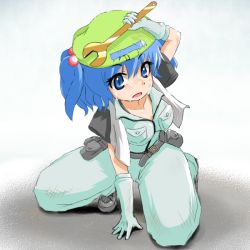 Rule 34 | 1girl, [], blue hair, female focus, gloves, hair bobbles, hair ornament, hat, kawashiro nitori, solo, sweat, touhou, two side up, wrench