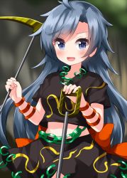 Rule 34 | arm ribbon, back bow, black skirt, blue eyes, blue hair, blush, bow, chain belt, collared shirt, highres, himemushi momoyo, holding, holding pickaxe, holding shovel, jewelry, long hair, looking at viewer, midriff, multiple rings, navel, one-hour drawing challenge, open mouth, orange ribbon, pickaxe, ribbon, ring, ruu (tksymkw), shirt, short sleeves, shovel, skirt, solo, stomach, touhou, upper body, very long hair, waist bow