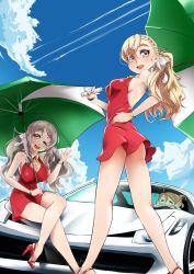 Rule 34 | 3girls, alternate costume, alternate hairstyle, bare shoulders, blonde hair, blue background, blue sky, braid, braided bangs, breasts, brown eyes, car, cleavage, cloud, collarbone, commentary request, contrail, day, dress, green umbrella, grey hair, hair ribbon, kantai collection, large breasts, legs, littorio (kancolle), long hair, looking at viewer, low ponytail, low twintails, motor vehicle, multiple girls, open mouth, outdoors, pola (kancolle), race queen, red dress, ribbon, round teeth, sky, teeth, thick eyebrows, twintails, udukikosuke, umbrella, upper body, upper teeth only, vehicle request, wavy hair, white ribbon, zara (kancolle)