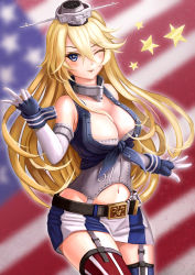 Rule 34 | 10s, 1girl, american flag, asymmetrical legwear, asymmetrical thighhighs, bare shoulders, belt, between breasts, blonde hair, blue eyes, blush, breasts, cleavage, elbow gloves, female focus, fingerless gloves, gakky-cf, garter straps, gloves, highres, iowa (kancolle), kantai collection, large breasts, long hair, looking at viewer, midriff, miniskirt, navel, one eye closed, open mouth, pencil skirt, skirt, smile, solo, star-shaped pupils, star (symbol), striped clothes, striped skirt, striped thighhighs, symbol-shaped pupils, thighhighs, uneven legwear, v, very long hair, wince