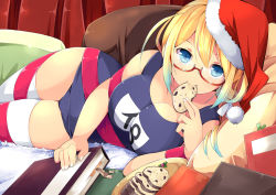 Rule 34 | 10s, 1girl, blonde hair, blue eyes, book, breasts, christmas, cleavage, cookie, eating, food, glasses, hat, i-8 (kancolle), kantai collection, large breasts, one-piece swimsuit, personification, red-framed eyewear, ribbon, santa hat, school swimsuit, semi-rimless eyewear, solo, swimsuit, thighhighs, under-rim eyewear, wara (warapro), white thighhighs