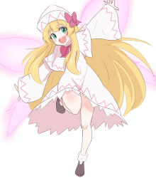 Rule 34 | 1girl, blonde hair, bobby socks, bow, bowtie, brown footwear, capelet, commentary request, dress, fairy wings, full body, green eyes, hat, hat bow, highres, lily white, long hair, long sleeves, looking at viewer, open mouth, outstretched arms, red bow, red bowtie, shoes, socks, solo, spread arms, standing, standing on one leg, teeth, touhou, upper teeth only, vanishingknife, very long hair, white background, white capelet, white dress, white hat, white socks, wide sleeves, wings