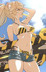 Rule 34 | 1girl, animal ears, arm up, bikini, bikini under clothes, blonde hair, blue sky, breasts, cat ears, cloud, cloudy sky, commentary, cowboy shot, day, denim, denim shorts, food, food in mouth, grey shorts, half-closed eyes, halterneck, hand on own head, highres, holding, hoverboard, katouken (ktn-works), large breasts, logo, long hair, micro shorts, mouth hold, navel, open fly, orange bikini, orange eyes, original, outdoors, ponytail, popsicle, shorts, sky, solo, string bikini, swimsuit