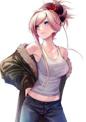 Rule 34 | 1girl, applekun, arm behind back, asymmetrical hair, bad id, bad twitter id, bare shoulders, blouse, blue eyes, blue pants, breasts, brown jacket, closed mouth, collarbone, contemporary, cowboy shot, crop top, denim, earrings, fate/grand order, fate (series), hair ornament, hand on own hip, highres, jacket, jeans, jewelry, large breasts, leather, leather jacket, looking to the side, midriff, miyamoto musashi (fate), pants, pink hair, ponytail, shirt, simple background, solo, standing, tank top, white background, white shirt