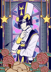 Rule 34 | 1boy, absurdres, black hair, brick wall, closed mouth, commentary request, curled horns, demon boy, demon cleric, demon horns, demon tail, fingernails, flower, hand up, hat, highres, horns, long fingernails, long sleeves, looking at viewer, male focus, maou-jou de oyasumi, purple eyes, red flower, red rose, robe, rose, solo focus, stained glass, star (symbol), tail, tail raised, teddy demon, thorns, tn scallion, white headwear, white robe