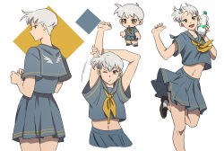 Rule 34 | 1girl, alternate costume, animification, apex legends, bottle, grey hair, grey shirt, grey skirt, hair behind ear, highres, holding, holding bottle, kogane mushi, looking to the side, midriff, multiple views, navel, neckerchief, one eye closed, open clothes, open mouth, open shirt, orange eyes, sailor collar, school uniform, serafuku, shirt, skirt, smile, stretching, valkyrie (apex legends), water bottle, yellow neckerchief