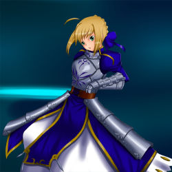 Rule 34 | 00s, 1girl, ahoge, armor, armored dress, artoria pendragon (all), artoria pendragon (fate), belt, blonde hair, blue bow, blue dress, bow, braid, cowboy shot, dress, fate/stay night, fate (series), faulds, gauntlets, glowing, glowing sword, glowing weapon, green eyes, hair bow, head tilt, holding, holding sword, holding weapon, juliet sleeves, long sleeves, looking at viewer, puffy sleeves, rokuichi, saber (fate), short hair, solo, standing, sword, unsheathed, weapon