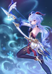 Rule 34 | 1girl, ahoge, arrow (projectile), bare back, bell, black bodysuit, black gloves, blue hair, bodysuit, bow (weapon), commentary request, cowbell, detached sleeves, fighting stance, ganyu (genshin impact), genshin impact, gloves, glowing, hair between eyes, high heels, highres, holding, holding arrow, holding bow (weapon), holding weapon, horns, karanashi mari, long hair, long sleeves, parted lips, purple eyes, sidelocks, simple background, solo, standing, standing on one leg, weapon